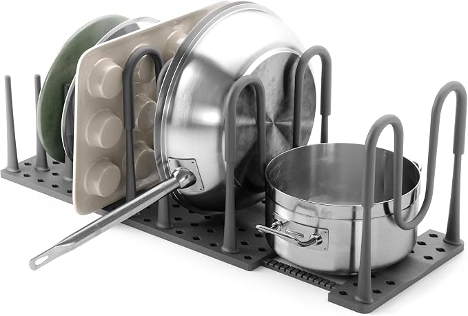 Peggy Kitchen Drawer Cupboard Organizer Tray - Adjustable Storage System For Food Containers, Cookware, Serveware, Utensils and More, Large, Grey | Adjustable peg system keeps cookware, containers, lids, utensils, and serveware organized