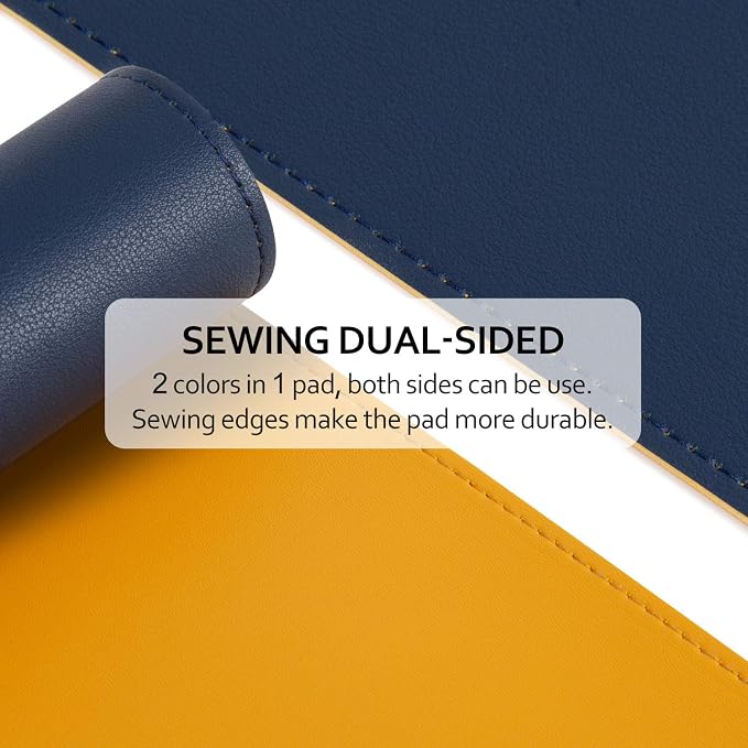 Dark Blue/Yellow Dual-Sided PU Leather Desk Pad, Upgraded Sewing Laptop Mat, Waterproof Large Mouse Pad, Non-Slip Writing/Painting Mat Desk Blotter Protector for Office/Home 31.5"x15.8" (80x40cm)
