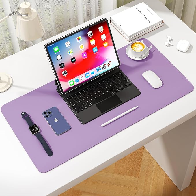 Leather Desk Pad Protector, Waterproof Mouse Pad, PU Desk Mat, Office Desk Cover, Desk Writing Mat for Office/Home/Work/Cubicle (Purple) 23.6x13.7 in