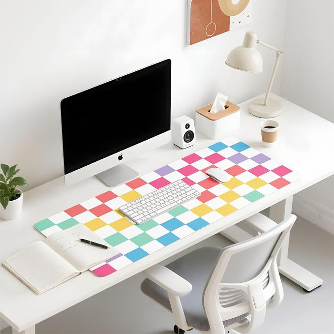 Mouse Pad Leather Desk Mat Large Keyboard Cute Office Desktop Computer Laptop XXL Long Big Aesthetic Modern Design Women Girls Gaming Gamer Oversized Wide Mousepad 31.5"x15.7", Color Plaid