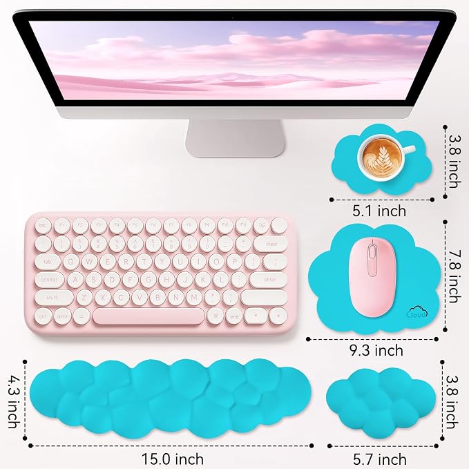 Sushret Cloud Wrist Rest for Computer Keyboard, 4-in-1 Memory Foam Leather Cloud Keyboard Wrist Rest and Mouse Pad Set with Ergonomic Support for Arm and Palm Cushion, Gaming/Work Setup, Scuba Blue