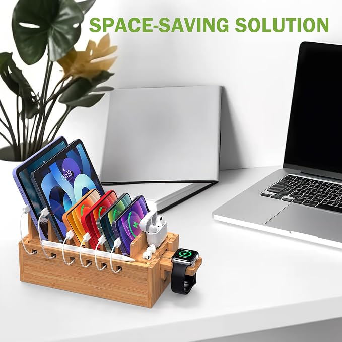 Pezin & Hulin Bamboo Charging Station with 5-Port USB & 5 Cables | All-in-One, 5-Port USB HUB Included, 8-Device Organizer, Natural Bamboo, Hidden Cord Compartment, Magnetic Base, Watch Stand