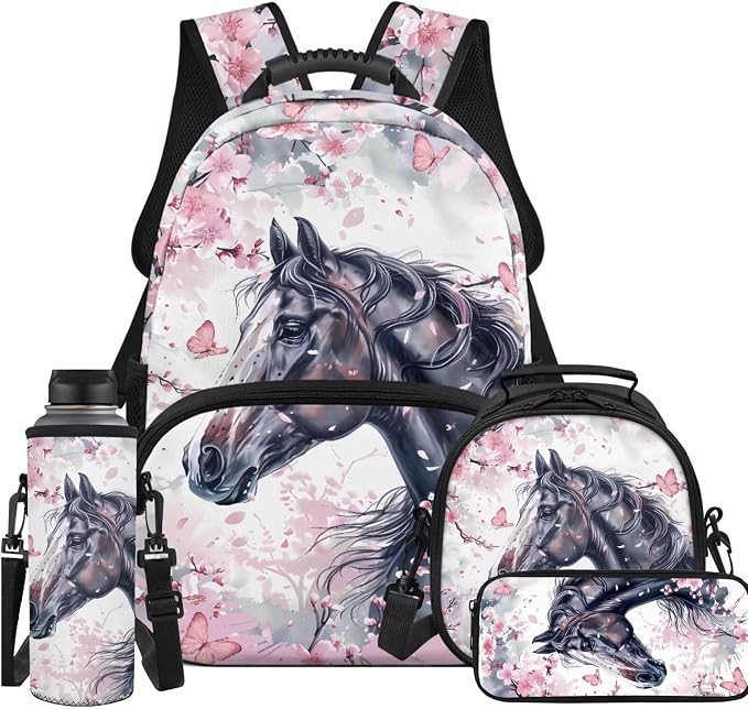 Ystardream Elementary Backpack for Girls Cherry Blossom Horse Kids Backpack with Lunch Box Water Bottle Sleeve Kids School Bookbag with Spacious Interior Storage for Student Book Bag Set