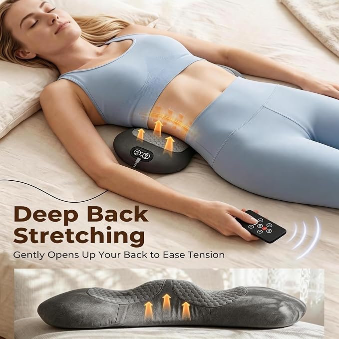 PakWizz 2026 Upgraded 4-in-1 Lumbar Support Pillow with Remote Control | Triple Fusion Back Massager with Heat, Vibration & Stretching, Portable Electric Lumbar Pillow for Home, Office, Travel & Car