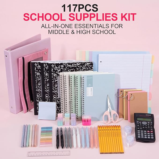 Eersida 117 Pcs Middle High School College Bundle Supplies Kit, Back to School Essentials, Includes Folders, Notebooks, Tab Dividers, Pencils, Highlighters, Calculator & More (Macarons)