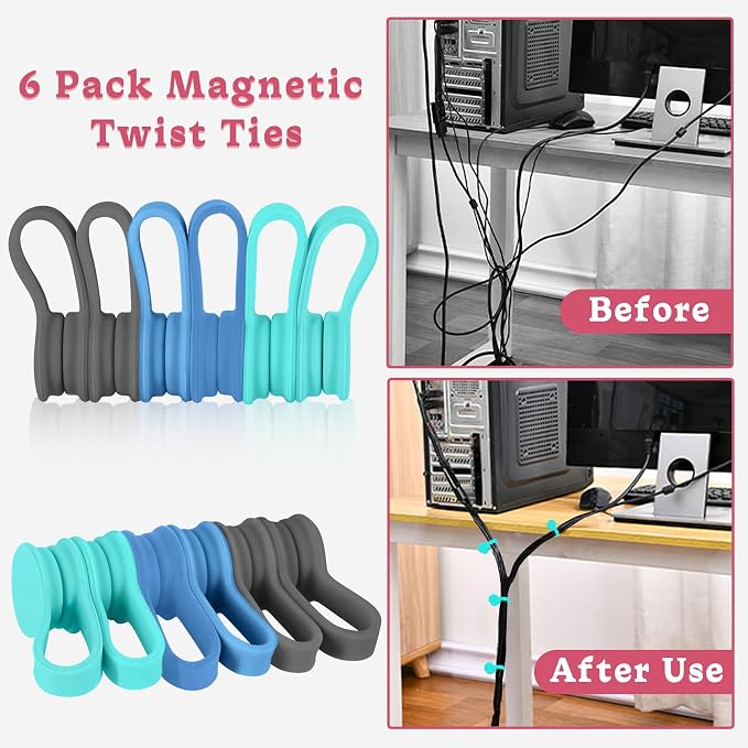 Viaky Magnetic Cable Ties 6-Pack,Silicone Magnetic Twist Ties Colorful | Reusable Cord Organizer for Bundling Earphone, Phone Charger, Cord Management Straps for Home,Office,Kitchen,School,Travel