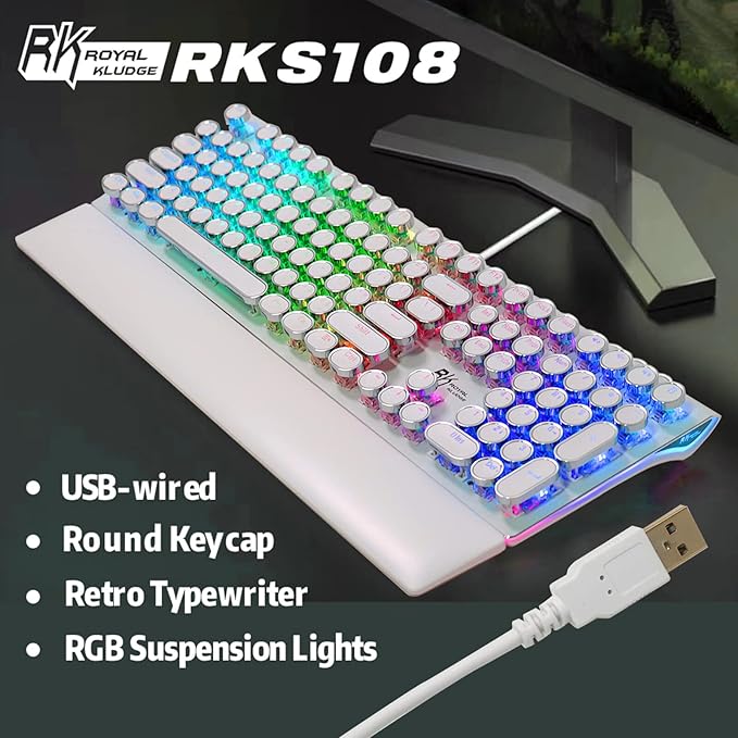 RK ROYAL KLUDGE S108 Typewriter Style Mechanical Gaming Keyboard with RGB Backlit, Wired PC Game Keyboard Full Size with Detachable Wrist Rest and Number Pad, Retro Round Keycaps, Red Switches White