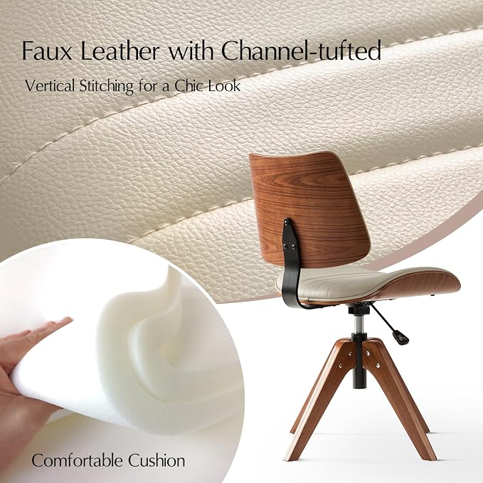 HULALA Home Faux Leather Home Office Desk Chair No Wheels, Ivory | Mid-Century Modern Desk Chair with Wood Legs, 360° Swivel Computer Task Chair with Channel-Tufted Backrest, Height Adjustable