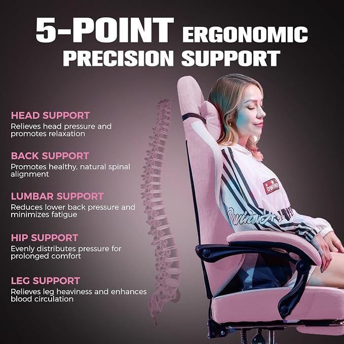 GTPLAYER Big and Tall Gaming Chair 350lbs Heavy Duty Office Chair with Foot Rest, High Back Pocket Spring Ergonomic Computer Chair for Adults, Wide Comfy Seated Cushion with Linkage Armrests, Pink