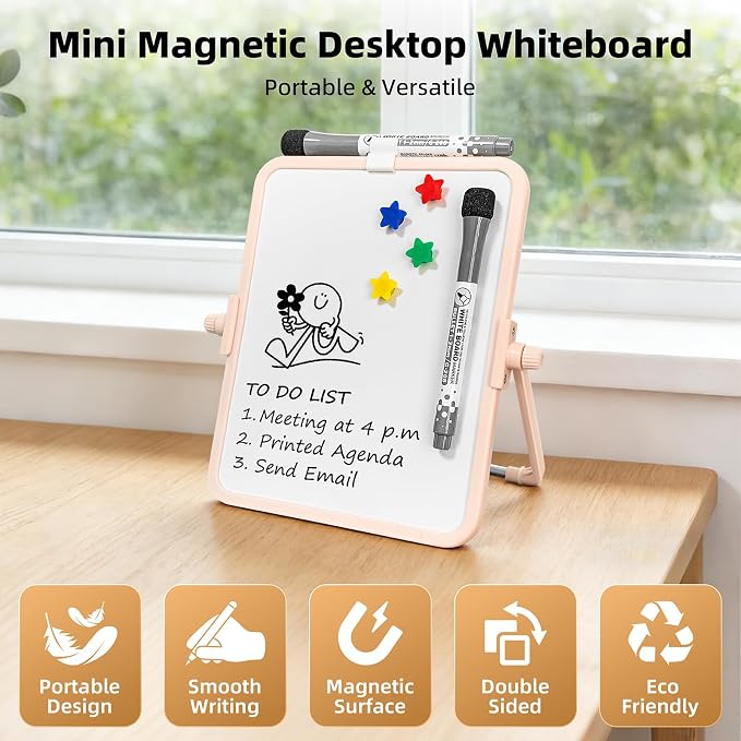 Colorful Dry Erase White Board 6.7x8.4in, Magnetic Desktop Board with Stand, 2 Markers (Eraser Head), 4 Magnets - Double-Sided Easel for Daily Planning, Memo, Office/Home/School (Pink)