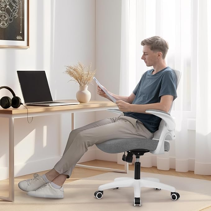NEO CHAIR Office Desk Gaming Chair Computer High Back Mesh Seat with Rolling Wheels Ergonomic Adjustable Comfy Flip-up Armrests Lumbar Support Height for Home (Grey)