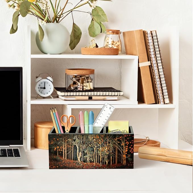 Vintage Forest Landscape Pen Pencil Holder for Desk, Dark Cottagecore Inspired Forest Wooden Box Sign Organizer for Home Office Bedroom Desk Accessories Tabletop Decorations