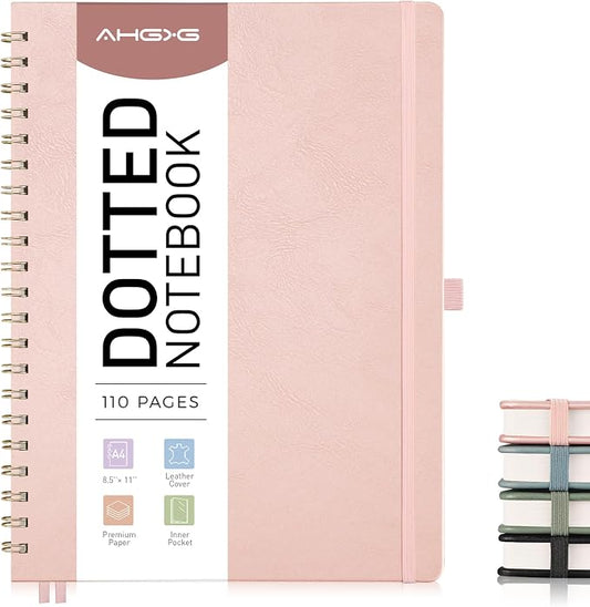 AHGXG Dotted Journal Spiral Notebook 8.5" x 11", Large A4 Leather Hardcover Dotted Notebook, 100 GSM Thick Dot Grid Paper, Inner Pocket, for Dotted Journaling, Rose Gold