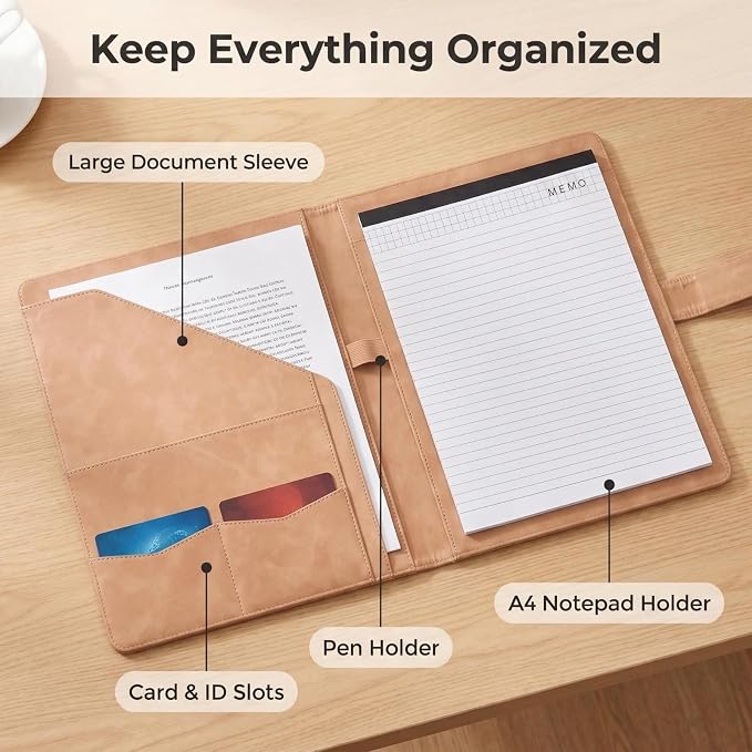 Portfolio Padfolio Binder, Faux Leather Professional Document Organizer with Business Card Holder, Letter-Sized Notepad Legal Pad Holder, Durable Executive Folder for Interviews, Meeting (Pink)