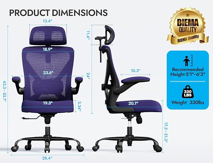 Ergonomic Office Chair: Mesh Desk Chair Comfy with Headrest& Lumbar Support | Ergalithic Big and Tall Office Chairs with Wheels & Flip-Up Arms-Computer Gaming Chairs for Adults Home Office(Purple)