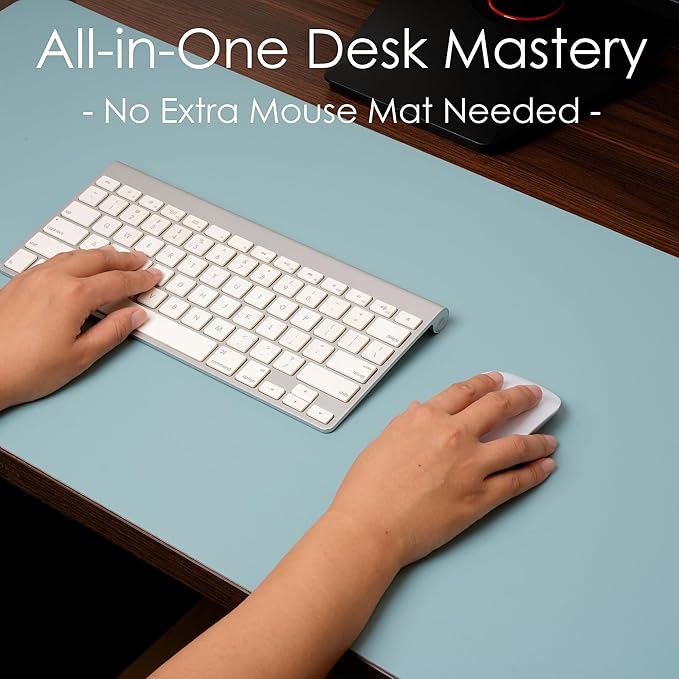 WAYBER Leather Desk Pad Protector, Waterproof Mouse Pad, PU Desk Mat, Office Desk Cover, Desk Writing Mat for Office/Home/Work/Cubicle (Light Blue/Silver) 23.6x13.7in