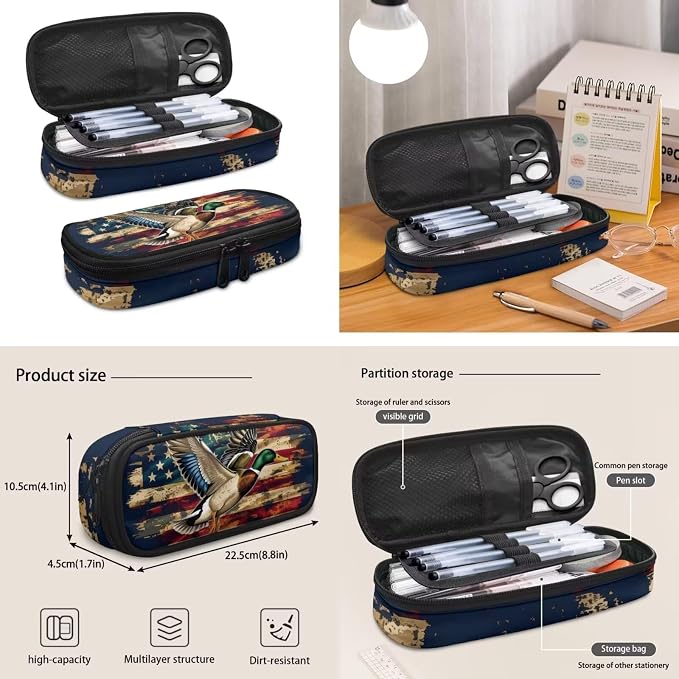 Duck Hunting Camo School Backpack for Boys Girls, American Flag Bookbag Set with Lunch Bag, Pencil Case & Bottle Holder, 4PCS 17 Inch Elementary Backpack for Kids Ages 6-8