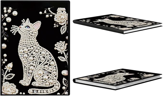 FRANDEK Pearl Painting Notebook Kit, Black and White Cat A5 DIY Journal with 50 Blank Pages, Diamond Gem Art Cover with Waterproof Canvas, Beginner Craft Set with Full Tools for Adults