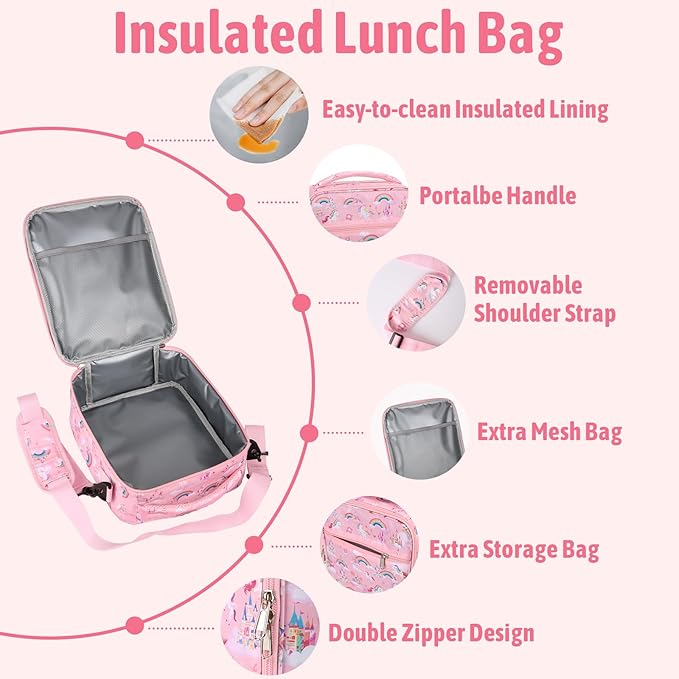 Kids Bento Lunch Box with Thermo Leak-Proof Snack Lunch Containers with Insulated Lunch Bag Utensils Set Back to School Supplies Gifts for Boys and Girls Toddlers Kindergarten Lunch Accessories Pink