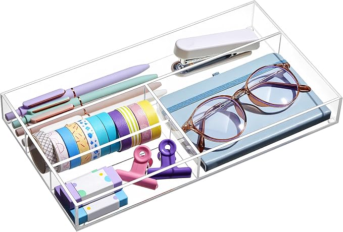 Briwooody Clear Acrylic Drawer Organizer,4 Compartments,Small | 11 x 6.1 x 1.38 Inch Desk Storage Tray Organizer for Pen, Stationery, Desktop, Office, Bathroom, Kitchen, Makeup Supplies