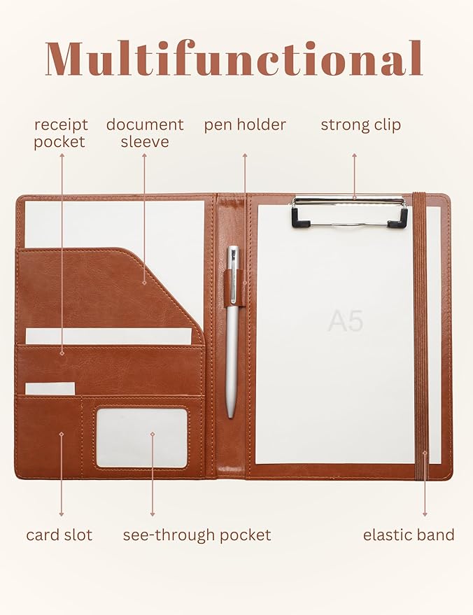 Junior Padfolio Clipboard Small for 7"x 9" Writing Pad Refillable, Mymazn Faux Leather Folder A5 for Folio Notepad 5 x 8 Junior Size Folio Portfolio (Brown)