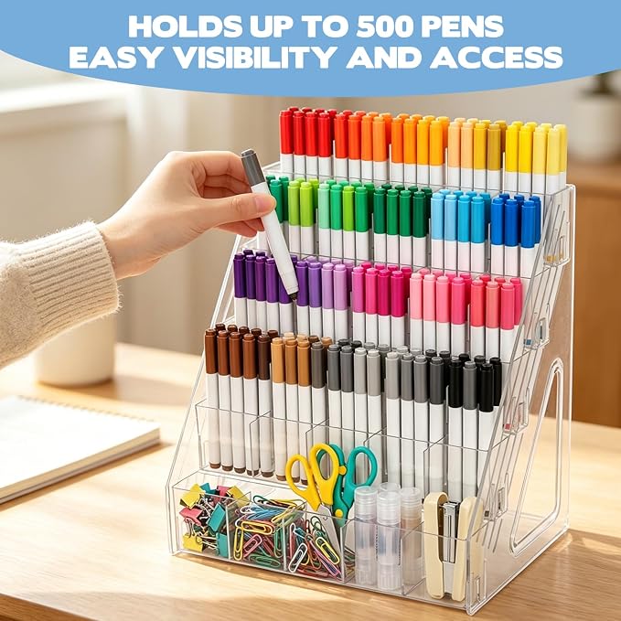5 Tier Acrylic Desk Organizer with 25 Compartments Clear Pen Holder for Pens Pencils Markers and Art Supplies Large Capacity Desk Storage Rack for Home Classroom Office and Art Studio