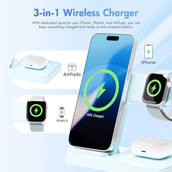 Wireless Charging Station for Apple Devices: 3 in 1 Foldable Qi Compact Case-Friendly Charger Stand for iPhone 17-12 & Apple Watch & AirPods Charging Dock for Travel Home Office Desk Nightstand (Blue)