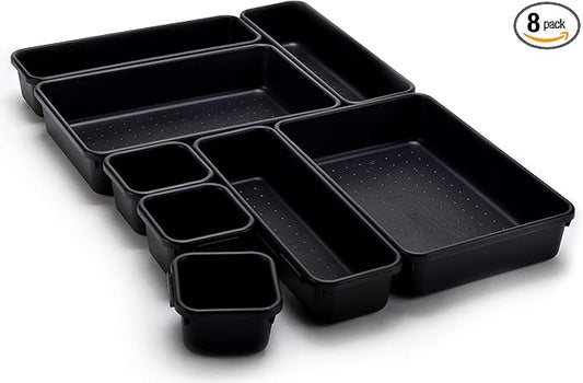 Masirs Interlocking Drawer Organizer Bins, Durable Plastic, Various Sizes for Custom Layout Design, Great for Desk Drawer, Tool Box or Garage Organization, (Black | 8-Piece Set)