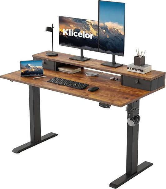 Klicelor 48 x23 Inch Electric Standing Desk with Drawers, Adjustable Height Small Sit Stand Desk for Home Office, Compact Computer Workstation with Storage– Rustic Brown