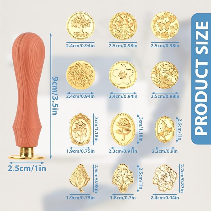 13 Pcs Wax Seal Stamp Kit 12 Pcs Sealing Wax Stamp Heads with Wooden Handle for Letter Wedding Party Invitations Gift Wrapping Encapsulation Greeting Cards Flower Floral