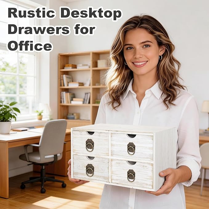 Wood Desk Organizer, White Wooden Desktop Organizer with Drawer, Tabletop Storage Organization Box for Countertop, Home Office Supplies Bills, 13.5x6.6x7.09 Inch(4 Drawer)