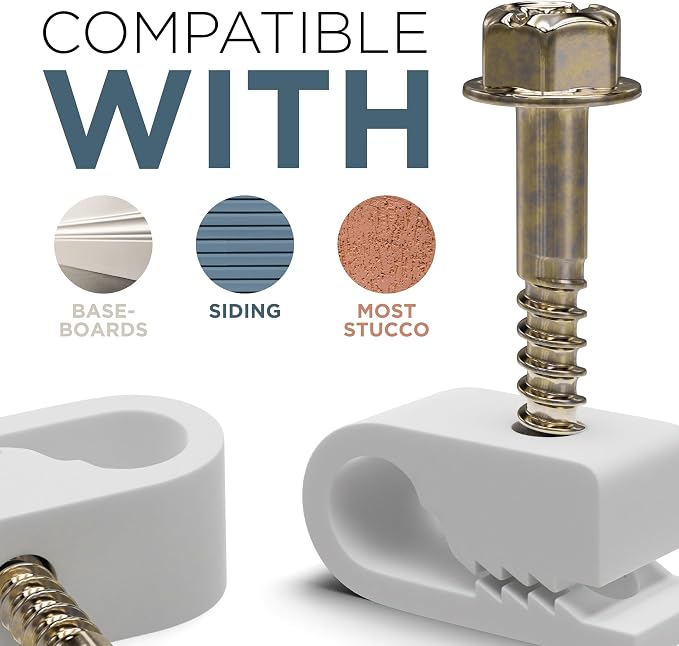 THE CIMPLE CO Single Cable Clips with Screws - 1/4 Inch Coaxial Cable Clamps Outdoor - Exterior Cord Management for Coax, CAT Ethernet, Electrical Wire - Screw Clamps for Wires - 100 PCS, White