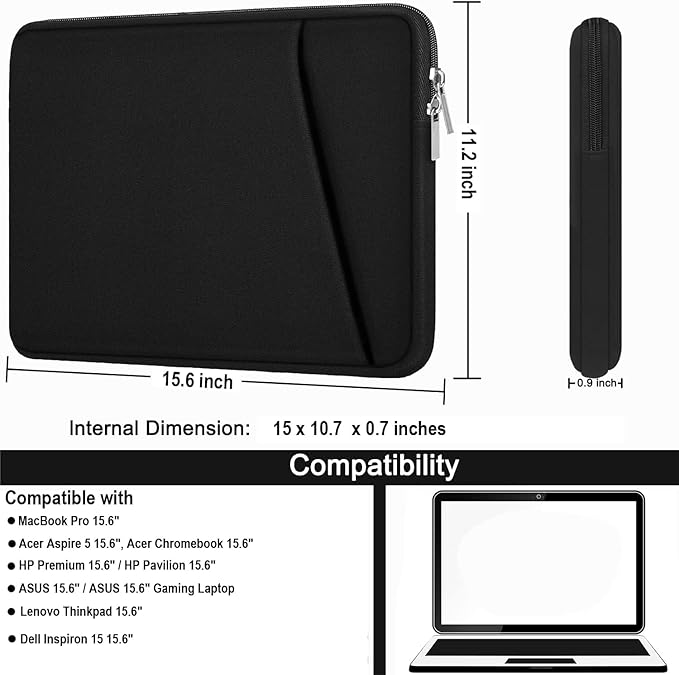 Laptop Sleeve, Durable Briefcase Shockproof Protective Case, Handbags Portable Laptop Bag for 15.6 inch HP Dell Asus Lenovo Notebook Computer with Front Pocket, Black