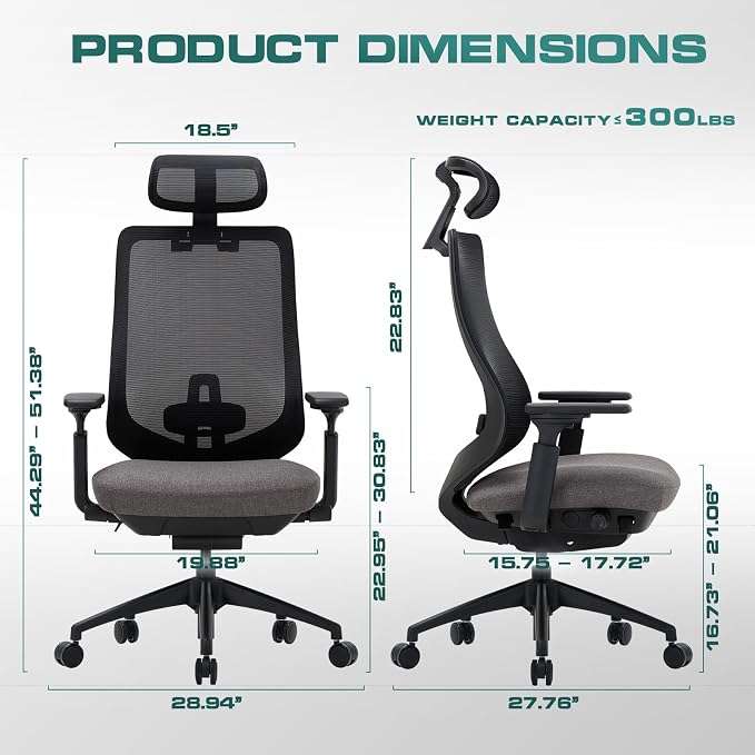 COLAMY Ergonomic Office Chair, High Back Office Executive Desk Chair, Mesh Office Chair Lumbar Support with Adjustable Headrest and 4D Arms, Slide Seat, Tilt Lock-Darkgrey