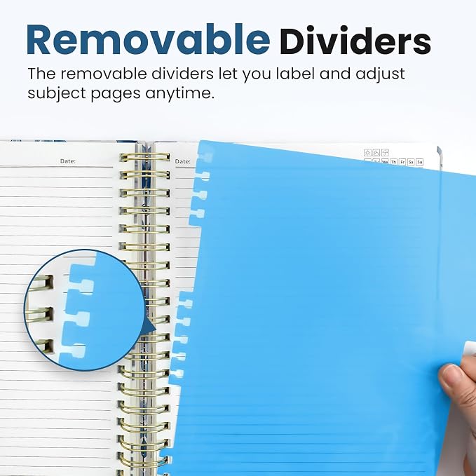 Large Spiral Lined Notebooks for Work with Removable Dividers & Tabs, 8.5"x11" Pretty Hardcover 5 Subject Notebook Journal for Women, College Ruled, Perfect for Study & Office Organization, 280 Pages,Blue Blooms