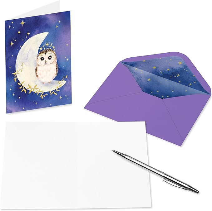Papyrus 12-Count All Occasion Blank Stationery Notes, Celestial Owl Watercolor