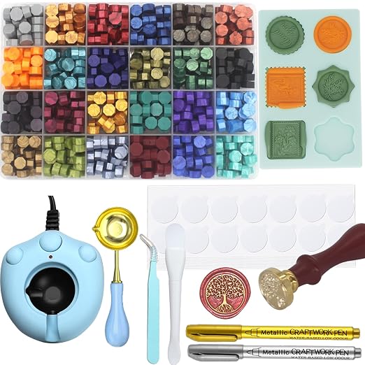 Wax Seal Kit With 24 Colors Envelope Stamp Seals Beads 600pcs, Tree of Life Sealing Stamp, Electric Wax Seal Warmer Set, Silicone Mold, Metallic Pen, 120 Removable Sticky Dots, Spoon Cleaner