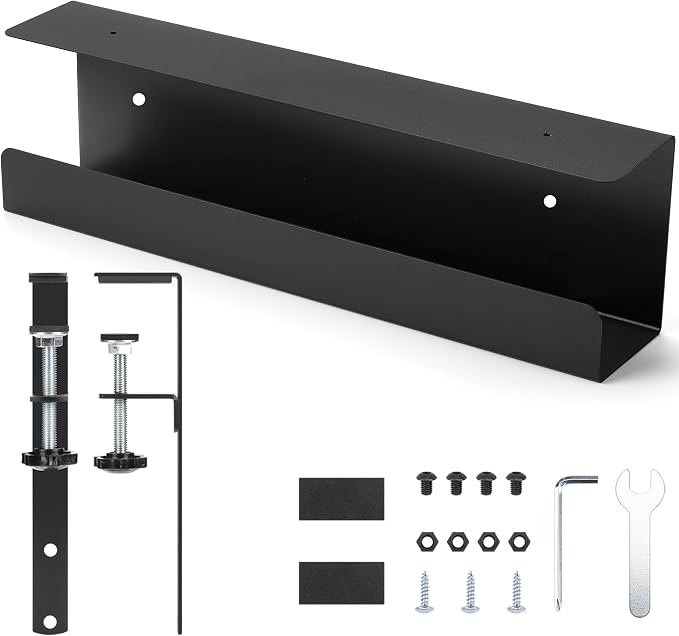 ZhiYo 16.5in Steel Cable Management Under Desk Tray, Large Clamp-On Under Table Cord Hider Tray, No Drill Cable Organizer for Desk, Wire Management Raceway, Black Rack, W3in x H4.7in