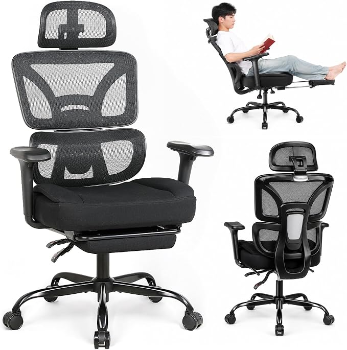 Ergonomic Office Chair with Footrest - High Mesh Back Computer Desk Chair | with Back Support, 135° Reclining, 4D Armrest & Headrest, 400lbs Thickened Seat Cushion, for Home Office, Work & Gaming