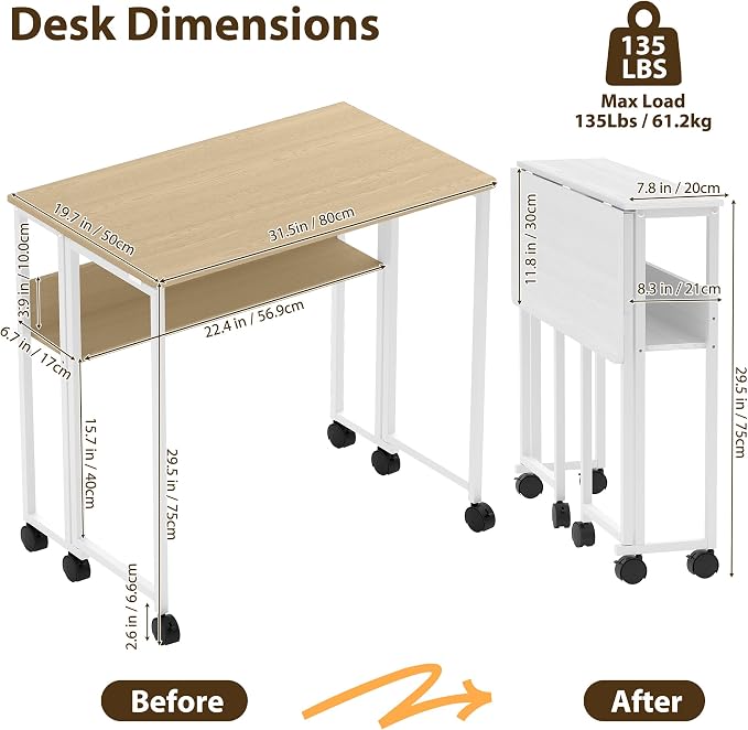 GarveeHome Folding Desk Small Rolling Desk with Storage Shelf,31.5 Inch Foldable Computer Table with Wheels,Portable Office Desk for Small Space Sofa Table,Easy to Fold