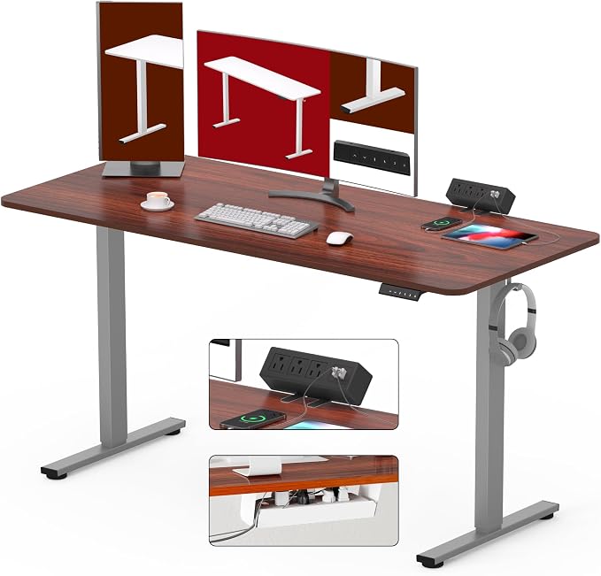 SANODESK Electric Standing Desk with Clamp Power Strip 60"x 24" Whole-Piece Desktop Height Adjustable Stand Up Desk with Cable Management Home Office Desk Silver Frame/Mahogany Top