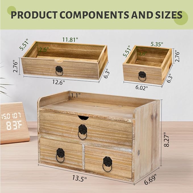 Washed White Wood Desk Organizer, Mini Desktop Organizer with Drawers, Tabletop Storage Organization for Home Office Supplies Vanity, No Assembly Required (3 Drawer and Shelf)