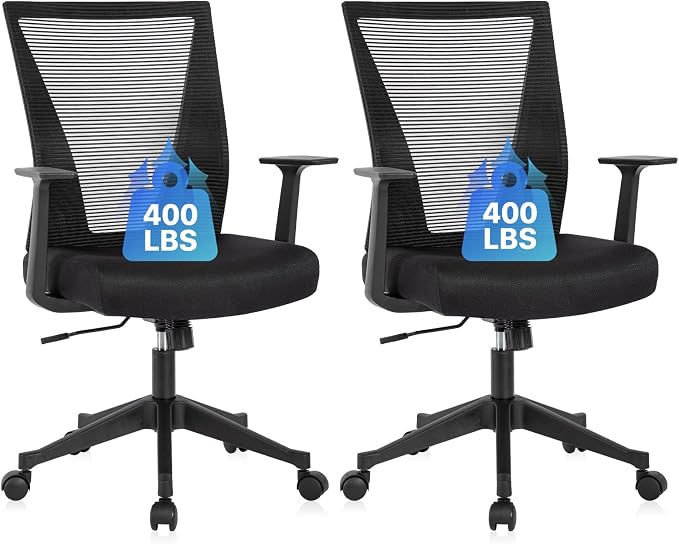CLATINA Big and Tall Office Chair, Heavy Duty Ergonomic Mesh Computer Desk Chair with Armrests, Adjustable Height Rolling Swivel Mid Back Executive Task Chairs for Home Office Conference, Black, 2Pack