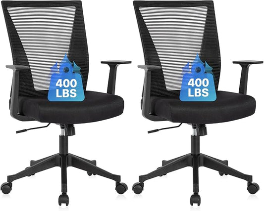 CLATINA Big and Tall Office Chair, Heavy Duty Ergonomic Mesh Computer Desk Chair with Armrests, Adjustable Height Rolling Swivel Mid Back Executive Task Chairs for Home Office Conference, Black, 2Pack