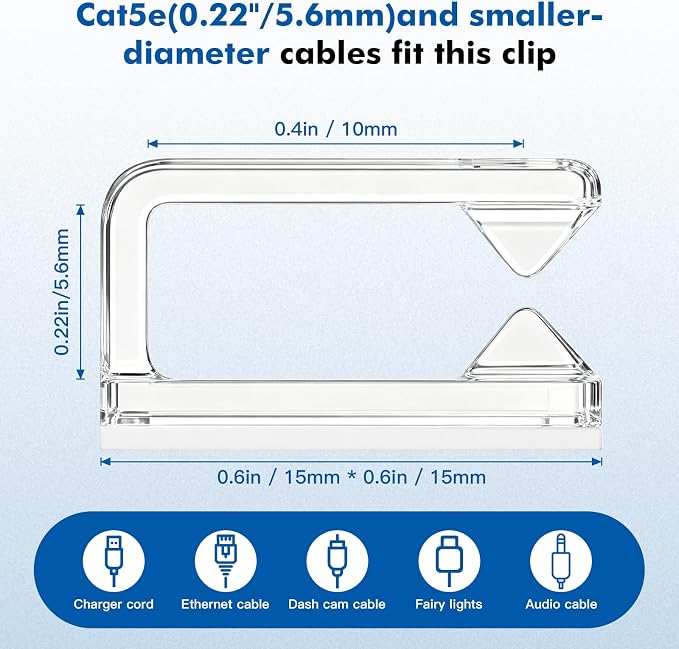 60Pcs Cable Clips, Small, Clear, Adhesive Wire Clips, Cable Management Wire Organizer Cord Holder for Under Desk, Car, Wall, TV PC Ethernet Cable