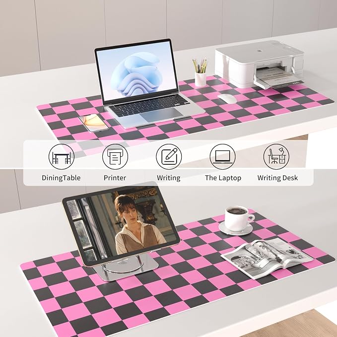 Colorful Star Large Black and Pink Mouse Pad, Plaid Waterproof Office Desk Mat, Non-Slip Gaming Mouse Pad, XXL PC Laptop Protector Pads, PU Leather Desk Writing Pads for Office Home, 31.5" x 15.7"