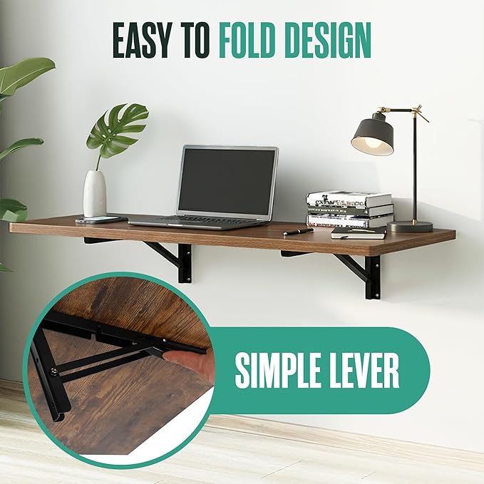Houseables Wall Mounted Desk, Murphy Desk, Wall Mounted Folding Table, Laundry Folding Table, Fold Down Work Bench, Foldable Mount Station, Floating Bar, Hanging, Dining, Kitchen, Clothes, 48x16 Brown