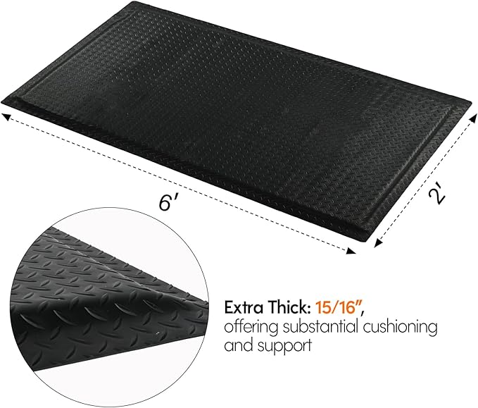 Nisorpa Anti Fatigue Mats Industrial 2' x 6' Ergonomic Standing Mat 15/16" Extra Thick Shop Floor Mat Kitchen Mats Heavy Duty Commercial Diamond Plate Support for Leg & Back Pain, Black