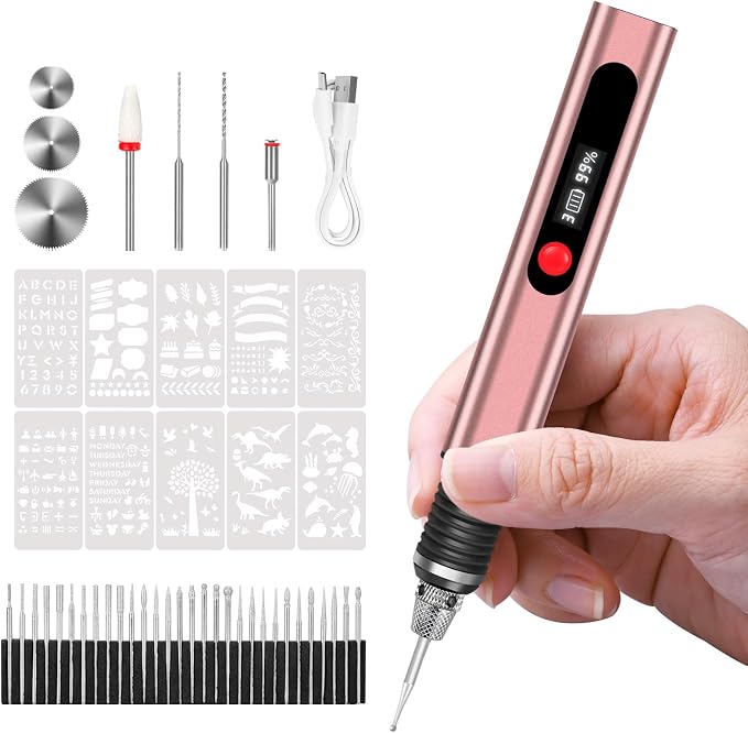 TUBINOONE Engraving Pen, Ultimate Cordless Portable Tool for Artists & DIYers - Engrave 50+ Surfaces - Beginner Friendly - Rechargeable - Free 30 Bits & Mastery Guide & Stencils (Brown)