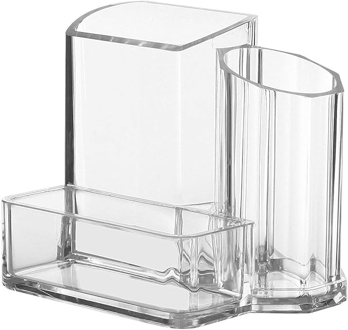 Sooyee Acrylic Desk Supplies Organizer Holder, 3 Compartments Office Desktop Caddy, Multi-function Pen Pencil Cup Phone Remote Control Stationery Storage Box for Home, School, Classroom, Clear